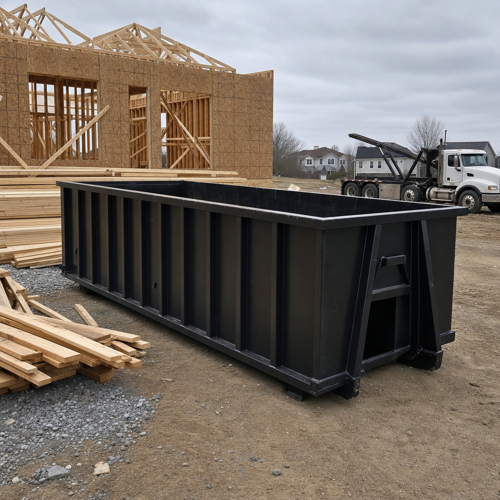 Matte-black 40-yard roll-off dumpster staged on a framed-out residential construction site in Mission Hills, framing lumber stacked nearby, hooklift delivery truck visible in the background under bright Colorado daylight