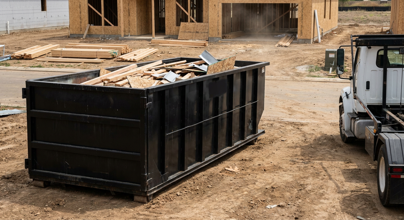 Matte-black 20-yard roll-off construction dumpster with heavy ribbed steel sidewalls and swing rear doors at a working jobsite in Mission Hills, sitting directly on compacted dirt with an unmarked white hauler partially visible at the far edge of the frame.
