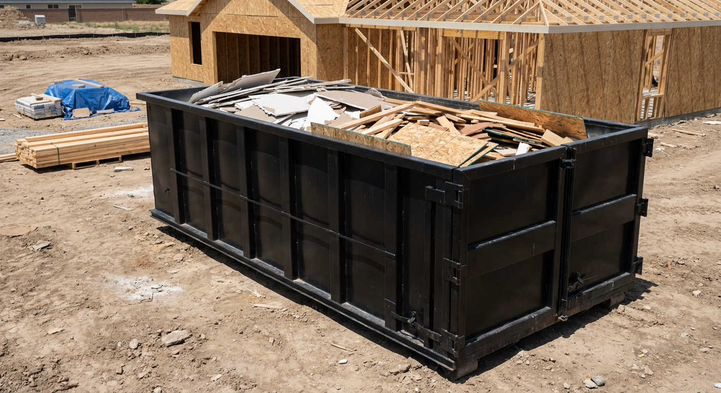 Matte-black 30-yard roll-off construction dumpster sitting directly on the compacted-dirt site of a framed single-family home build in Mission Hills, drywall and lumber scrap loaded inside.