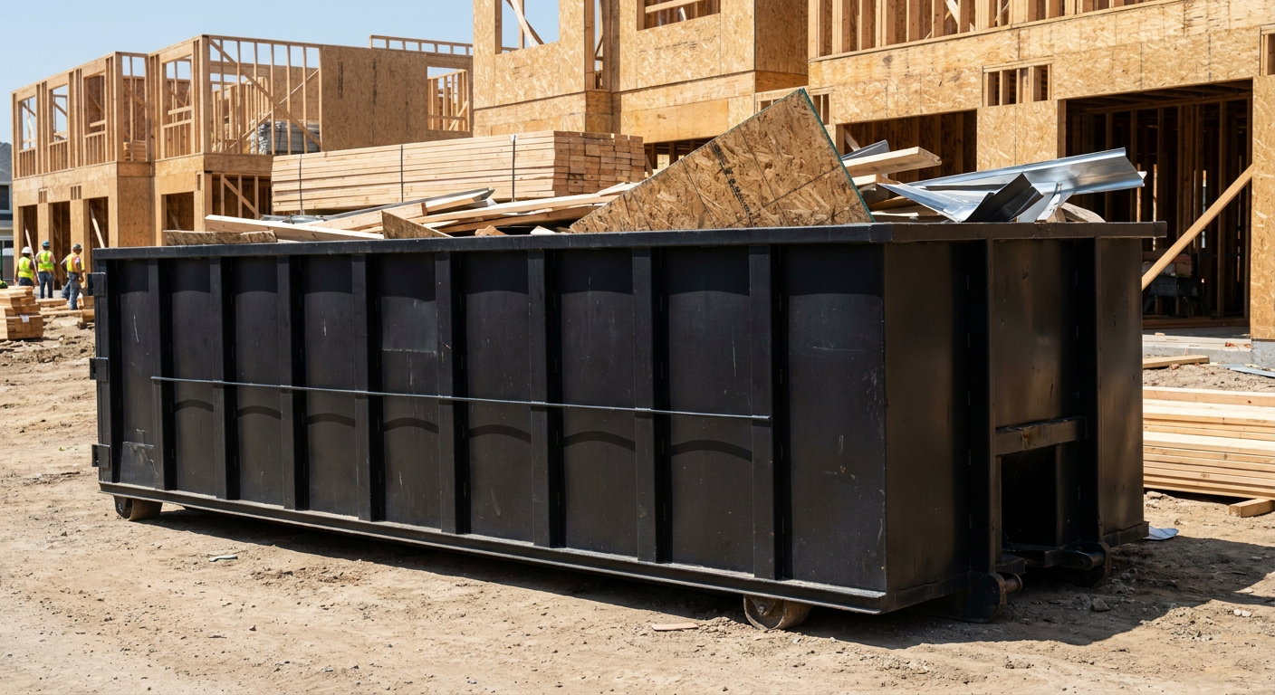 Matte-black 40-yard roll-off construction dumpster being lowered from a white-cab hooklift delivery truck onto the compacted-dirt jobsite at a commercial build site in Mission Hills