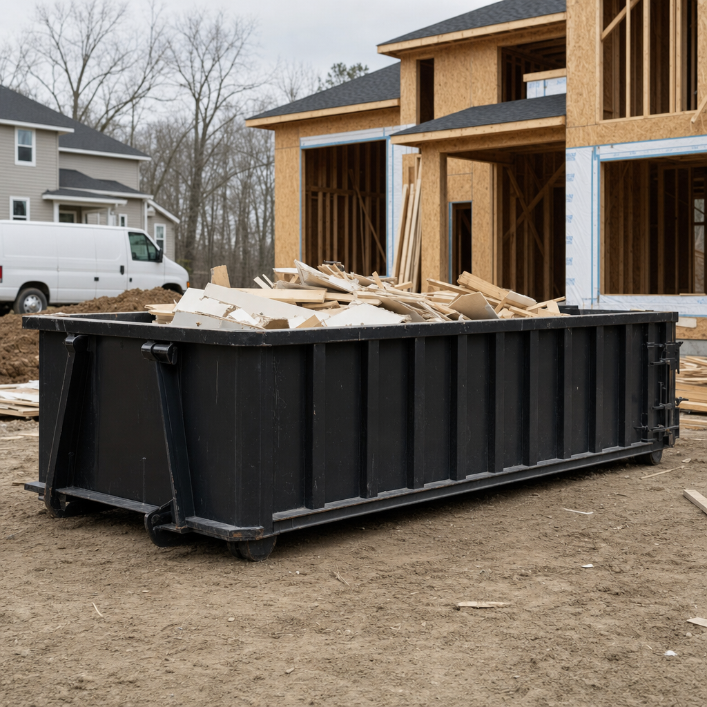 Worker in a yellow high-visibility vest tossing framing lumber and broken drywall into a matte-black 30-yard construction roll-off dumpster on an active build site in Mission Hills, bright daylight
