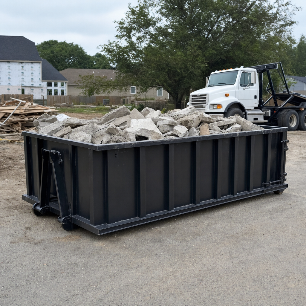 Low-profile matte-black lowboy roll-off dumpster loaded with broken concrete slab and rebar at a foundation tear-out in Mission Hills, skid steer parked beside it, sunny Colorado morning
