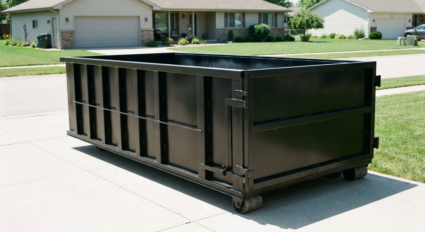 Matte-black 10-yard roll-off dumpster on a residential concrete driveway in Mission Hills, uniformly painted matte black across every panel and rail, ribbed steel sidewalls and rear swing door visible, mid-day daylight.
