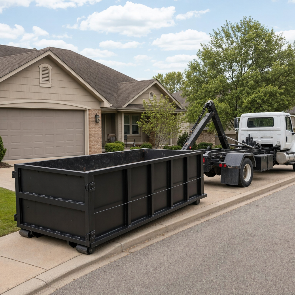 Wide documentary shot of a matte-black roll-off dumpster on a Mission Hills residential driveway in the foreground and a contractor jobsite container in the soft-focus background, bright daylight, calm and orderly composition.