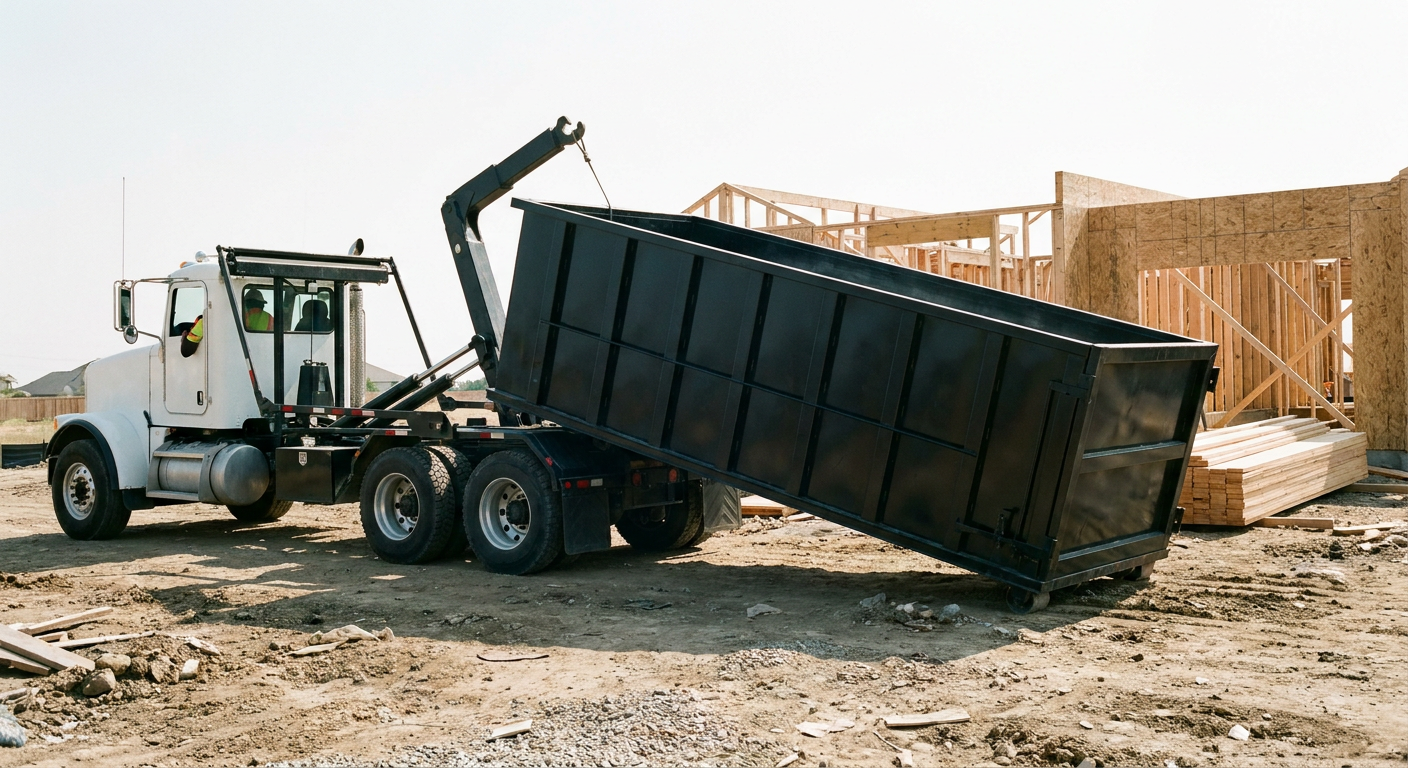 Matte-black roll-off dumpster being delivered onto a clean residential concrete driveway in Mission Hills by an unmarked white hooklift hauler truck, bright morning daylight, documentary 35mm perspective.