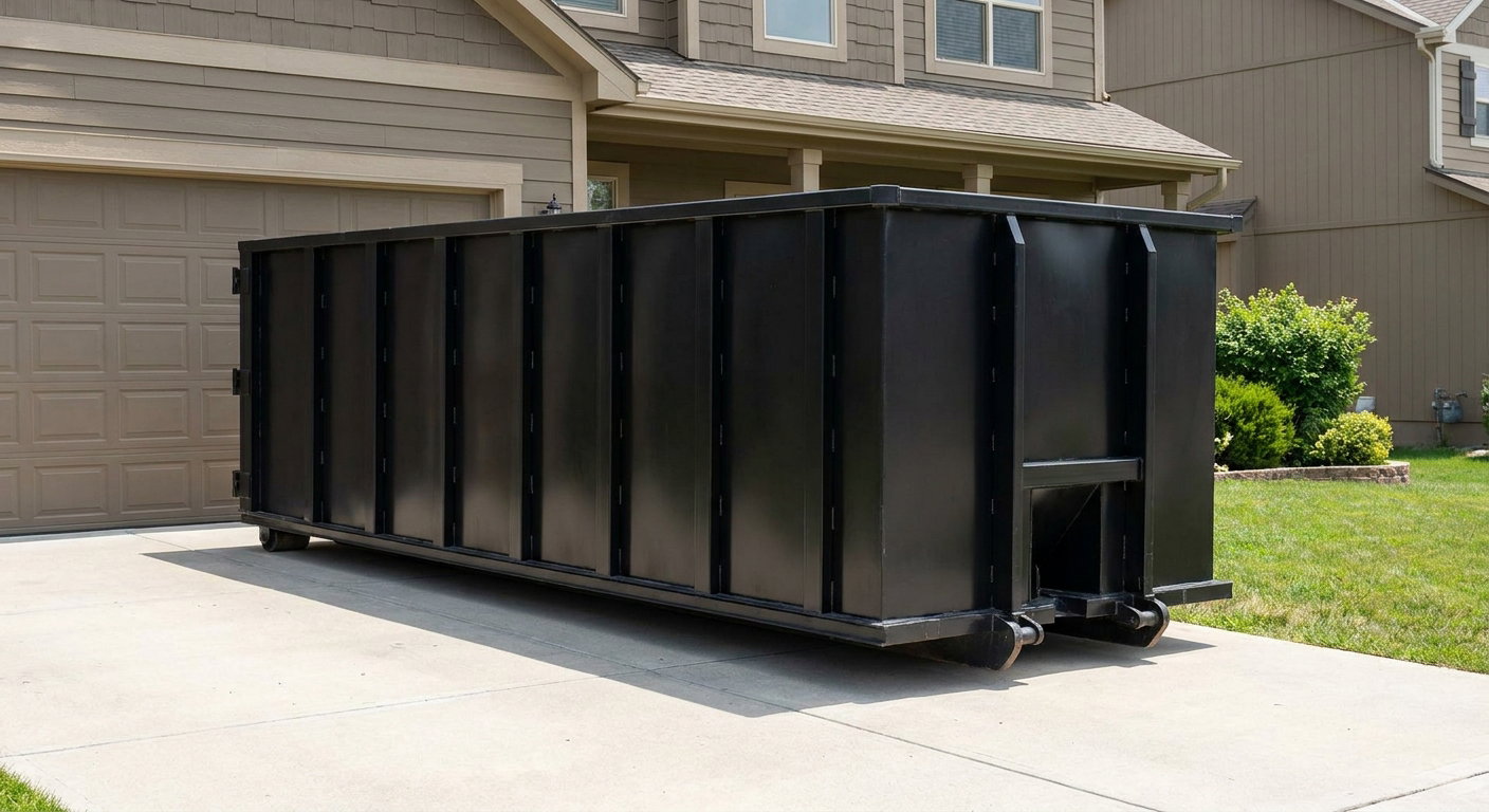 Matte-black residential roll-off dumpster sitting directly on a suburban Mission Hills concrete driveway, garage door closed, single-family home in background, bright morning daylight.