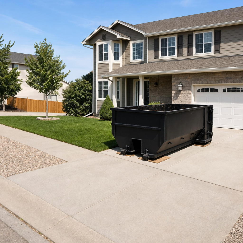 10-yard matte-black residential dumpster placed directly on a narrow Mission Hills concrete driveway, room remains for a parked sedan beside it, mid-morning natural light