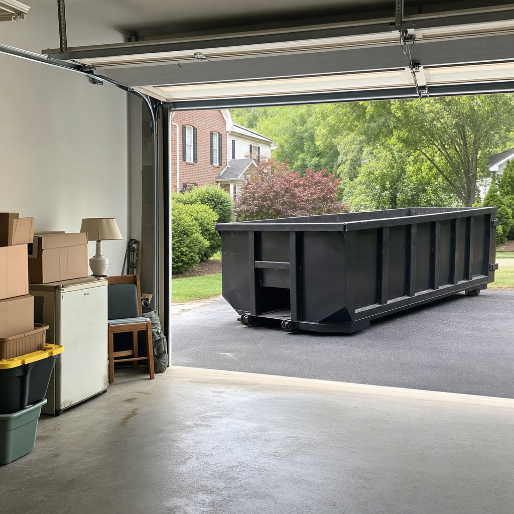 Open garage interior in a Mission Hills home mid-cleanout — boxed items, an old appliance, and stacked yard tools queued near the driveway for a matte-black roll-off dumpster, organized and calm