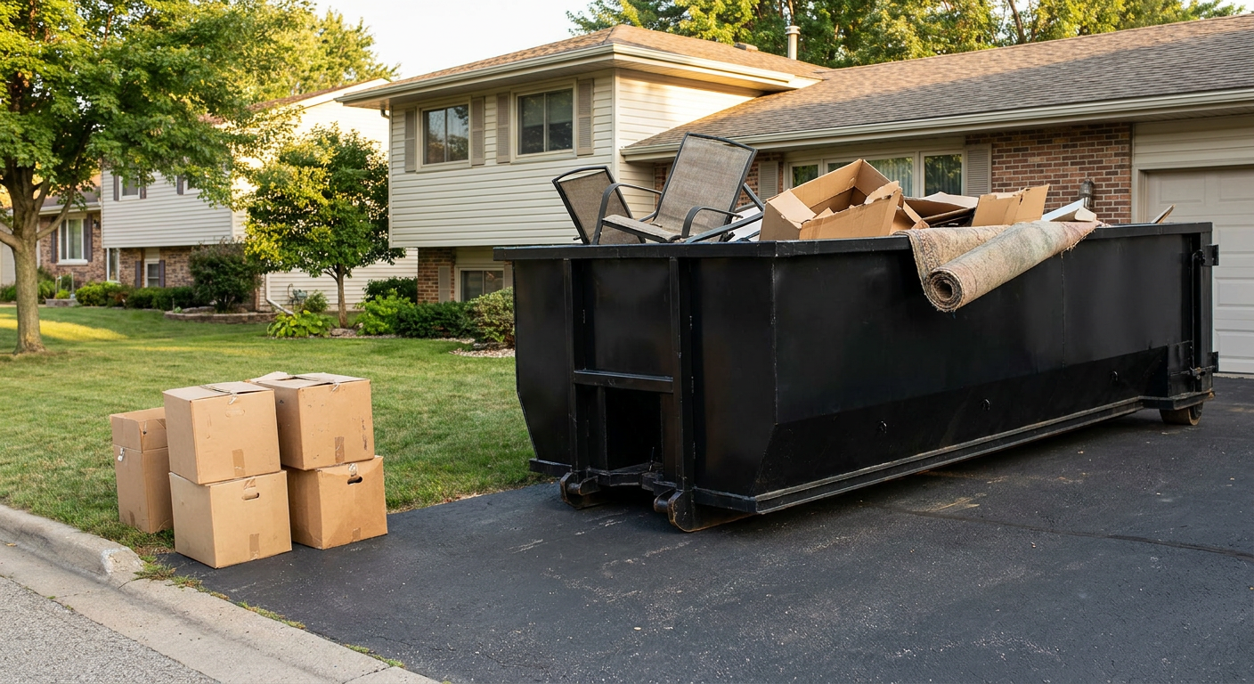 Front-yard view of a Mission Hills split-level home with a 20-yard matte-black roll-off dumpster sitting directly on the asphalt driveway, a few clearly labeled donation boxes staged at the curb, calm sunny afternoon.