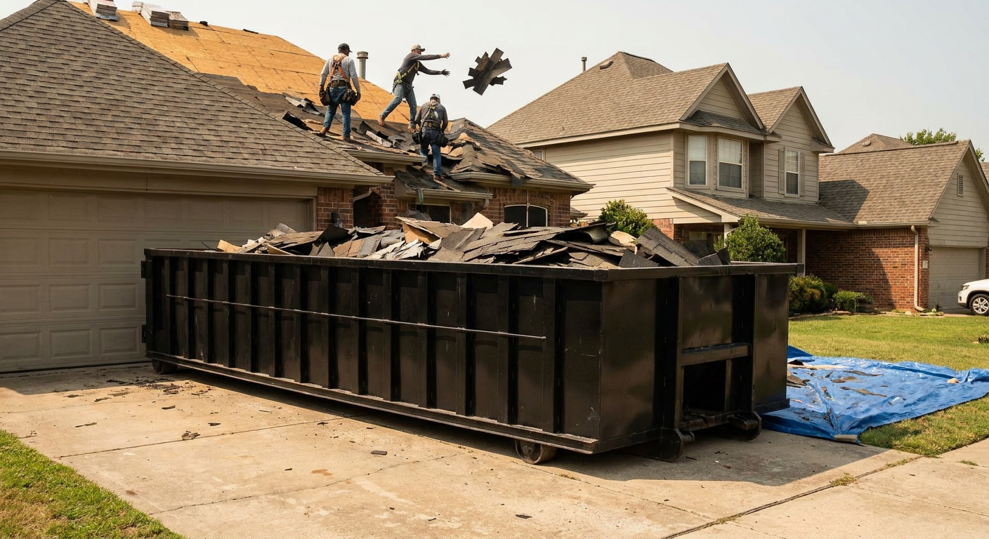 Matte-black roofing roll-off dumpster placed directly on a Mission Hills residential concrete driveway, a tear-off crew on a two-story asphalt-shingle roof tossing shingle bundles into the low-walled container, bright daylight, documentary 35mm perspective.