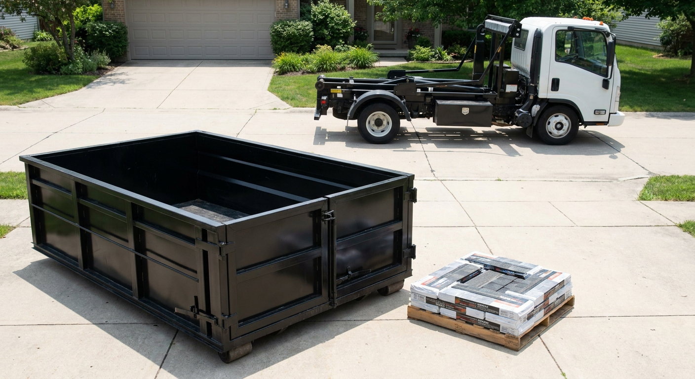 Matte-black 15-yard roofing roll-off dumpster with reinforced low side walls sitting directly on a Mission Hills residential concrete driveway, three-tab asphalt shingle bundles stacked nearby, an unmarked white hauler truck partially visible at the edge of the frame.