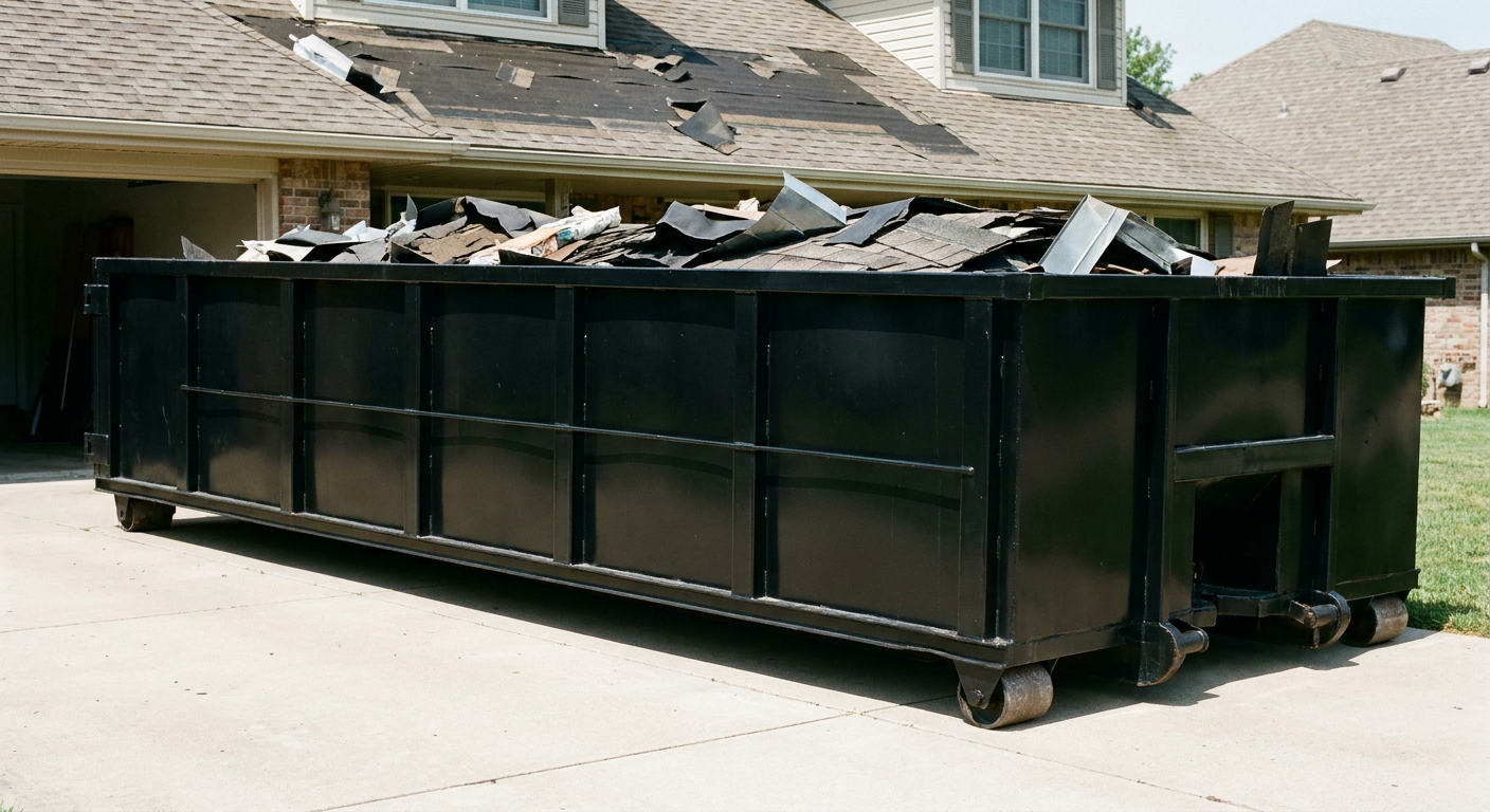 Matte-black 20-yard roofing roll-off dumpster with steel ribbed sides and swinging rear door, sitting directly on the concrete driveway of a two-story Mission Hills home, asphalt shingle debris being loaded over the low wall, clean documentary lighting.