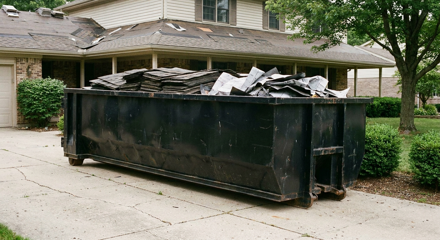Matte-black 30-yard roofing roll-off dumpster sitting directly on a Mission Hills concrete driveway, taller ribbed steel side panels, mixed tear-off debris of asphalt shingles and underlayment inside, professional documentary daylight.