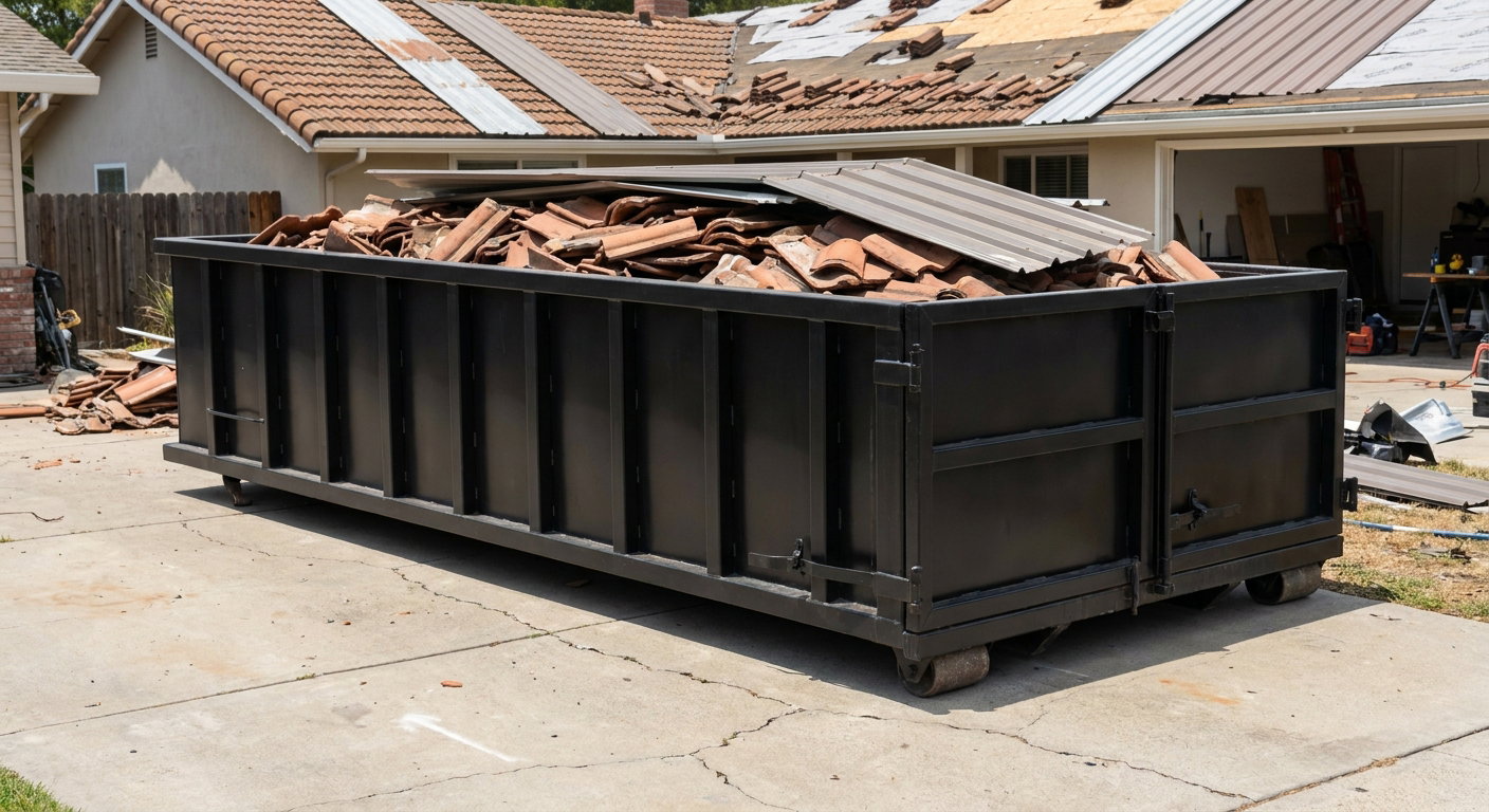 Matte-black low-wall heavy-debris roofing roll-off dumpster sitting directly on a Mission Hills concrete driveway, broken concrete clay roof tiles and metal panel sections loaded inside, reinforced ribbed steel side walls visible, bright outdoor daylight.