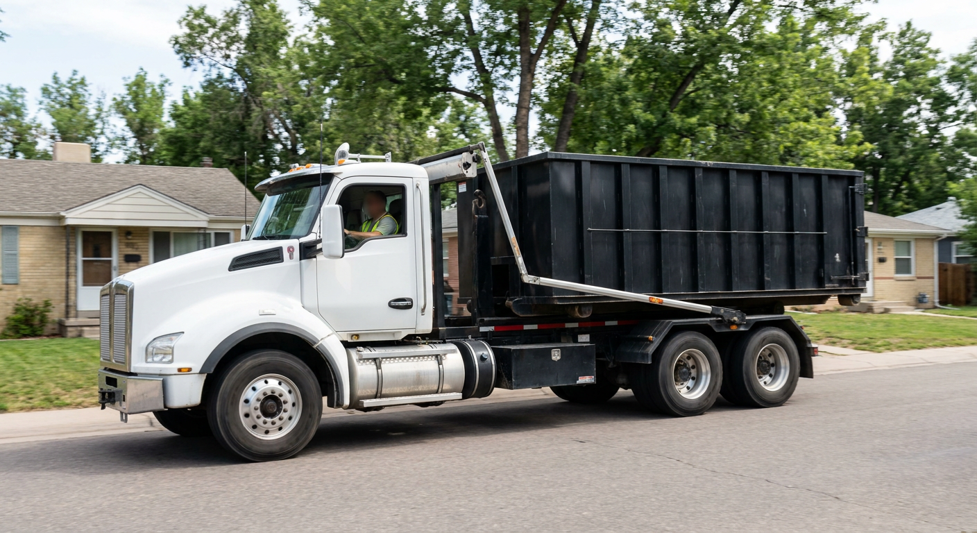 A wide documentary shot of a matte-black roll-off delivery truck pulling onto a quiet Mission Hills residential street at mid-morning, with neighborhood rooftops and tree-lined blocks visible behind, showing the metro coverage footprint.