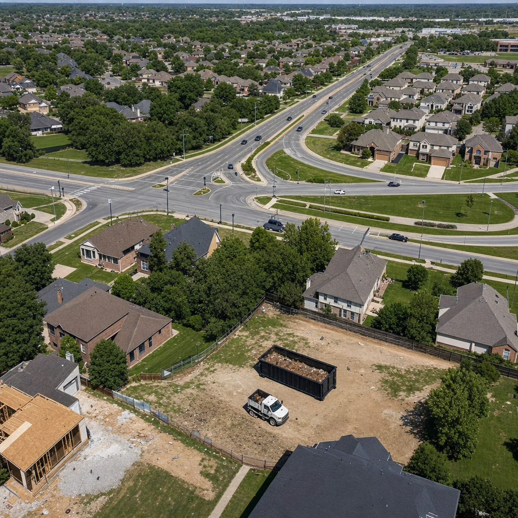 An overhead documentary view of the Mission Hills metro area at midday, showing the spread of neighborhoods, arterial roads, and the dispatch radius from a central yard — clean daylight, organized geographic layout.