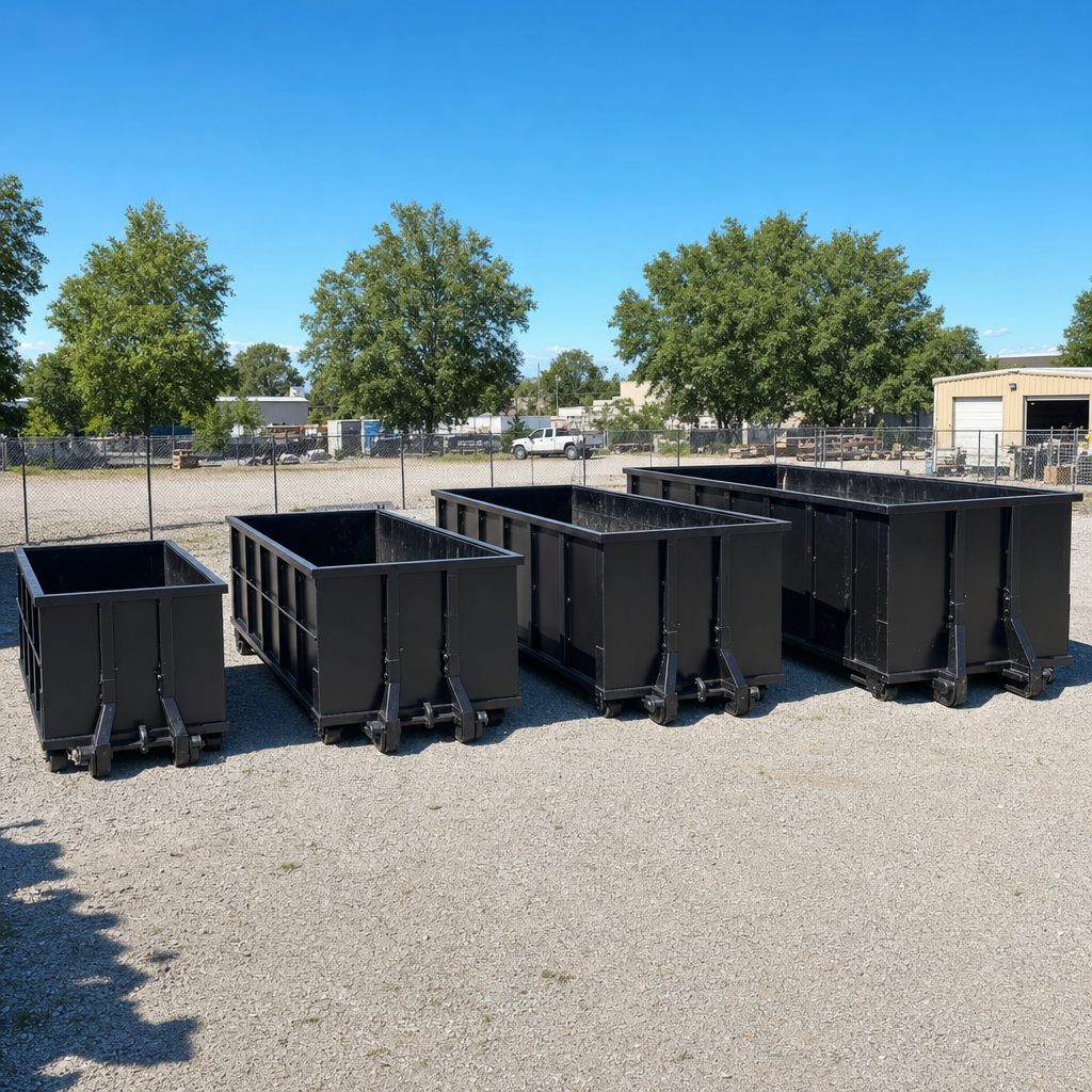 A clean lineup of matte-black roll-off dumpsters in 10, 20, 30, and 40-yard sizes staged on a sunlit gravel yard in Mission Hills, showing the size progression from compact to commercial-scale containers.