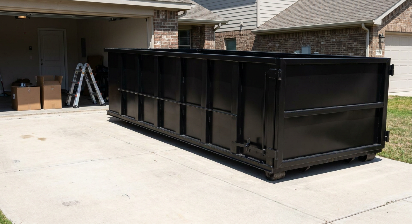 A matte-black 10-yard roll-off dumpster sitting directly on a residential Mission Hills concrete driveway, mid-day sunlight, clean and ready for a garage cleanout.
