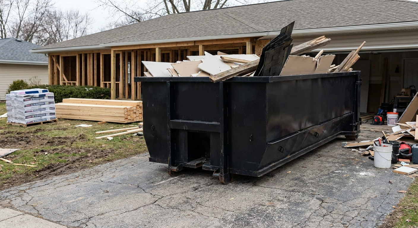 A matte-black 20-yard roll-off dumpster placed alongside a mid-renovation Mission Hills home directly on the asphalt driveway, with framing materials and torn-off shingles staged neatly nearby.