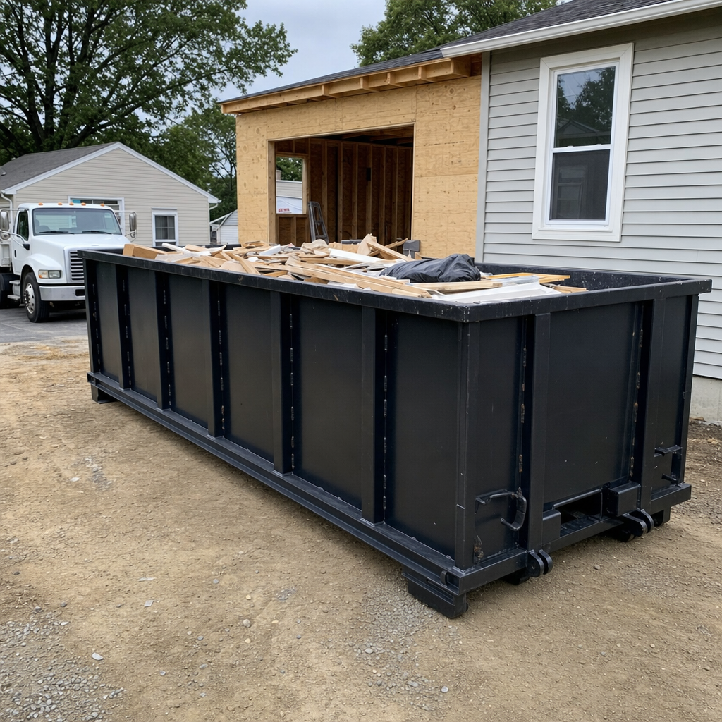 A matte-black 30-yard roll-off dumpster positioned at a Mission Hills residential addition jobsite, with framing lumber and drywall scraps loaded through the open swinging rear doors.