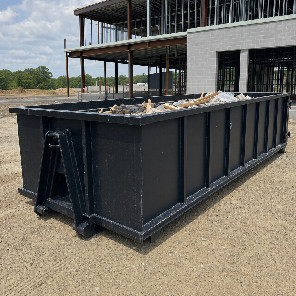 A matte-black 40-yard roll-off dumpster staged on a large Mission Hills commercial construction lot, with a hooklift delivery truck parked alongside under bright midday sky.