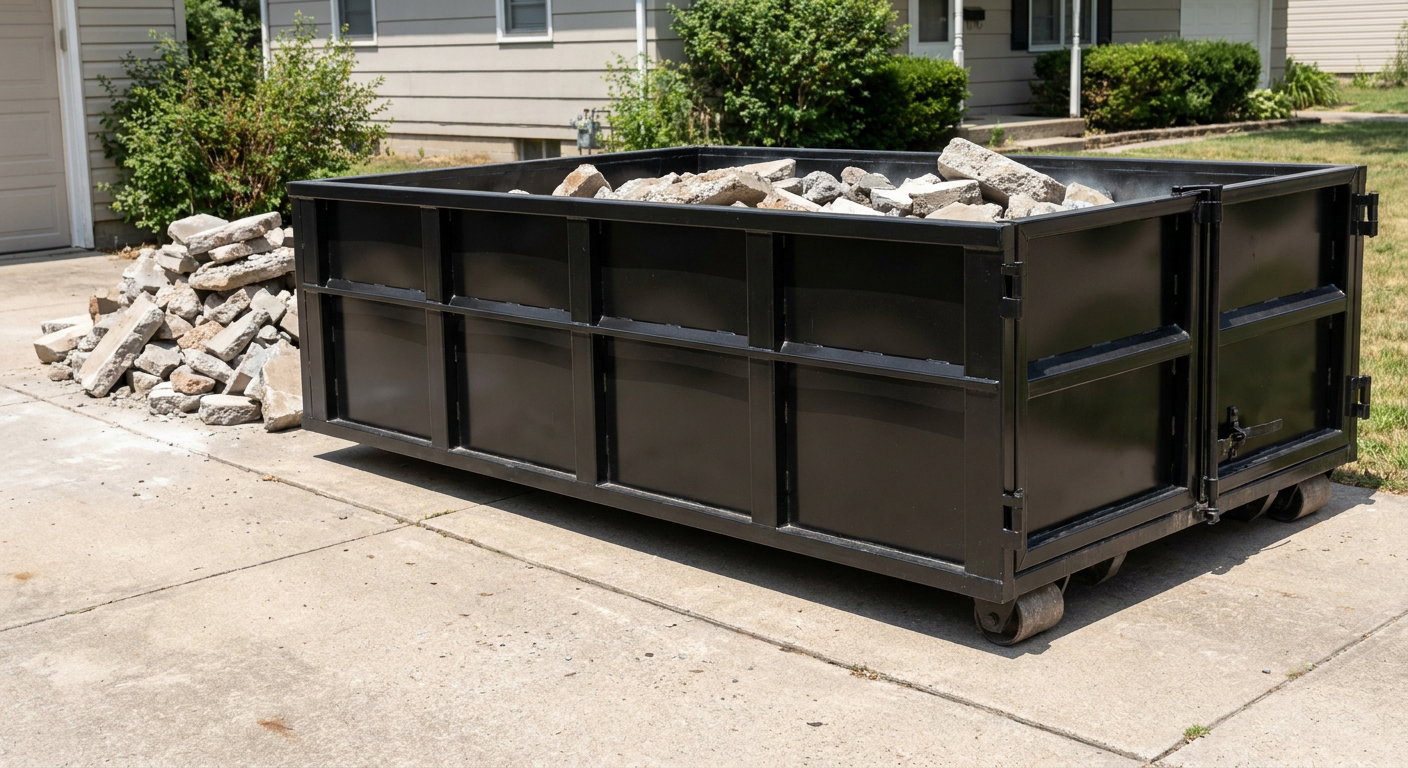 A matte-black low-side heavy-debris roll-off dumpster placed directly on a Mission Hills concrete driveway, with broken concrete chunks neatly stacked beside it under clean daylight.
